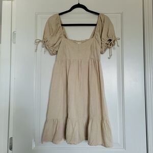 Sim And Sam Feminine Beige Puff Sleeve Mini Dress